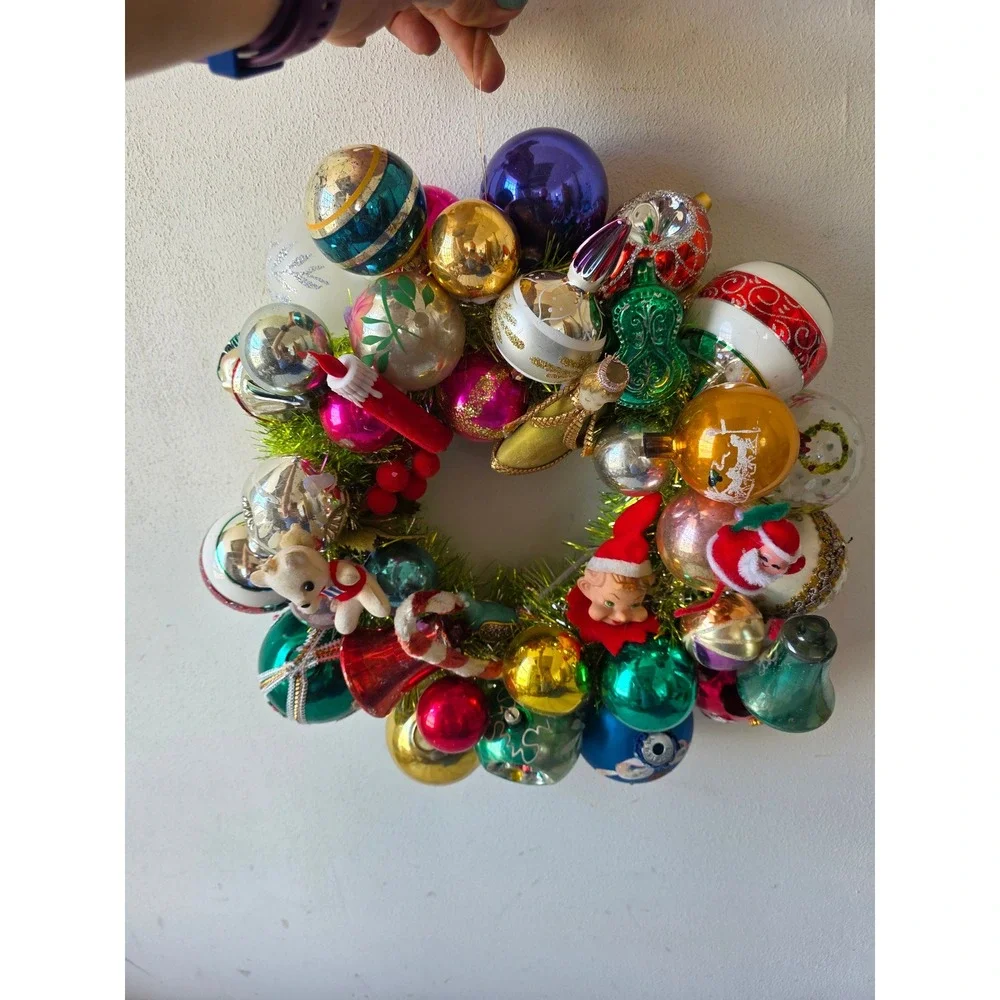 Antique vintage glass ornament wreath pixie knee hugger Santa Xmas hanging decor